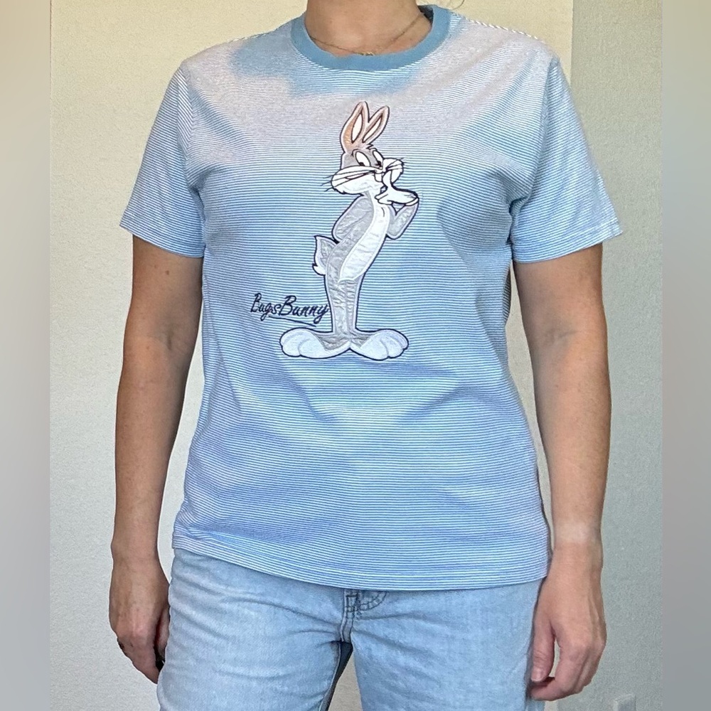 Vintage-Style Bugs Bunny White and Blue Striped T-Shirt Sz. M